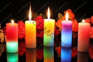 Rainbow candles burning to symbolize life.